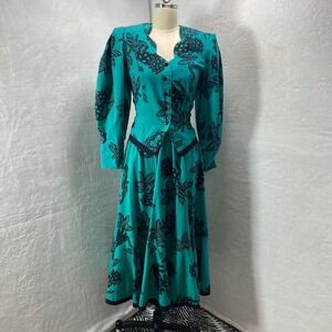 Vintage Teal‎ Floral Print Button Up Long Sleeve Midi Prairie Skirt Set Retro